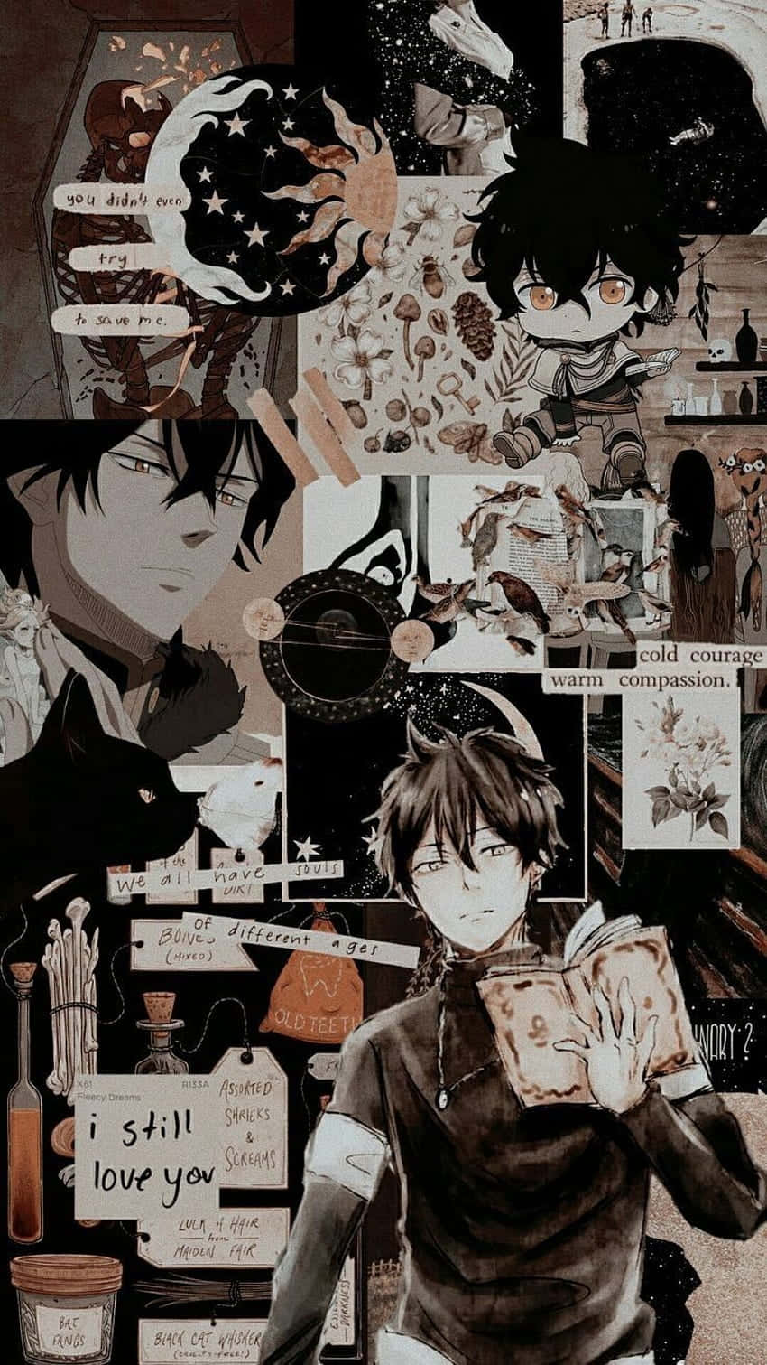 Cute Anime Boys 桌布 壁紙 — 一張充滿氛圍的動漫拼貼畫，以角色、手寫語錄和自然圖案為特色，採用懷舊的棕褐色調。