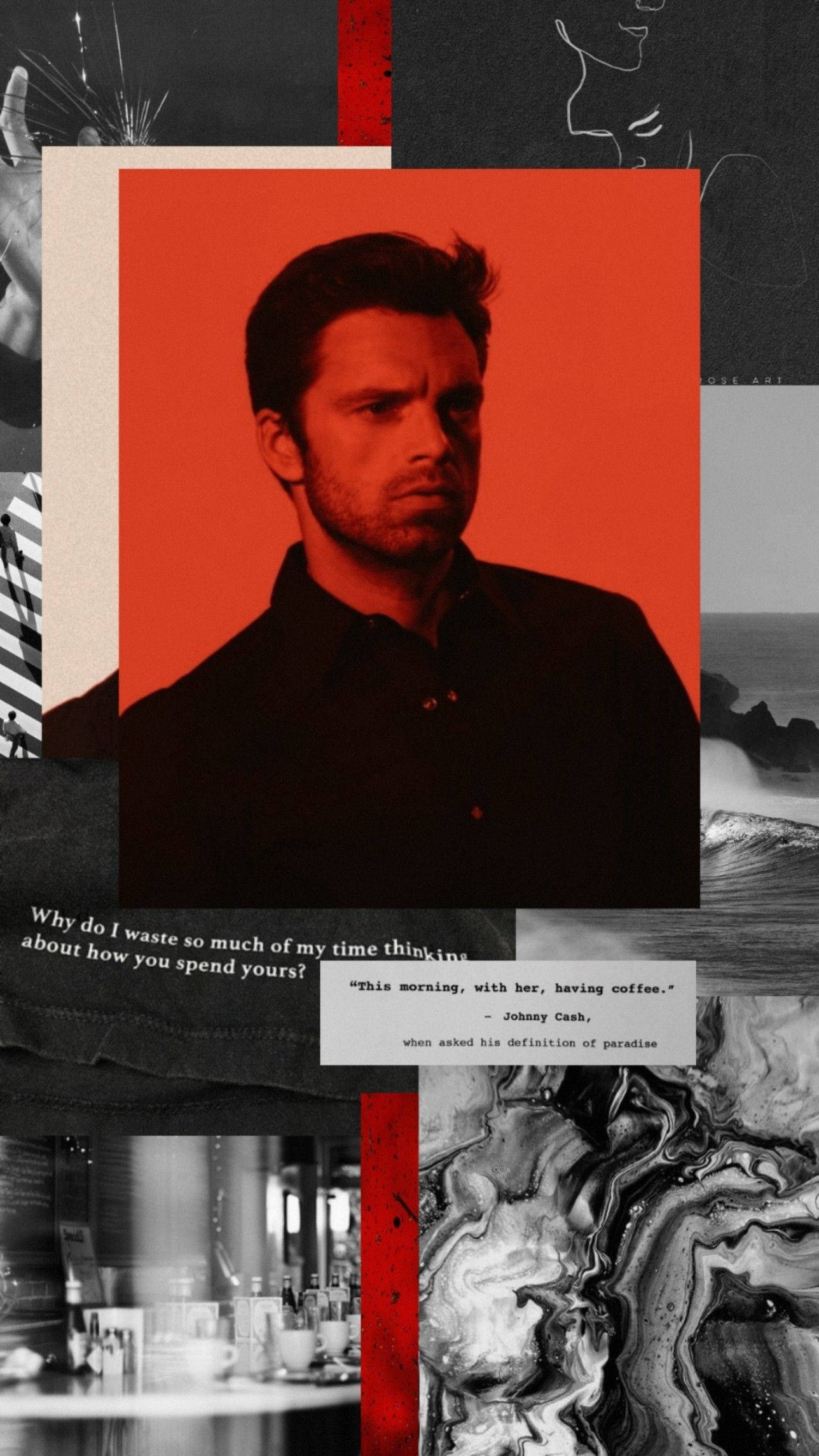 Sebastian 桌布 壁紙 — 一張充滿氛圍的拼貼畫，以紅色背景襯托一名黑衣男子，周圍環繞著抽象漩渦、海浪和咖啡店圖像。