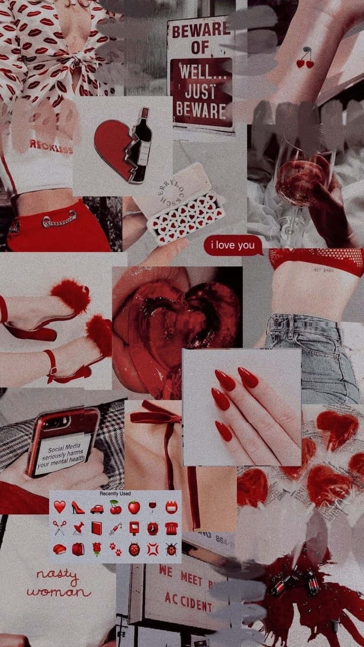 Aesthetic Red 桌布 壁紙 — 一張充滿氛圍的紅色調拼貼畫，包含心形、葡萄酒、嘴唇、刺青和文字片段，呈現碎片化美學。