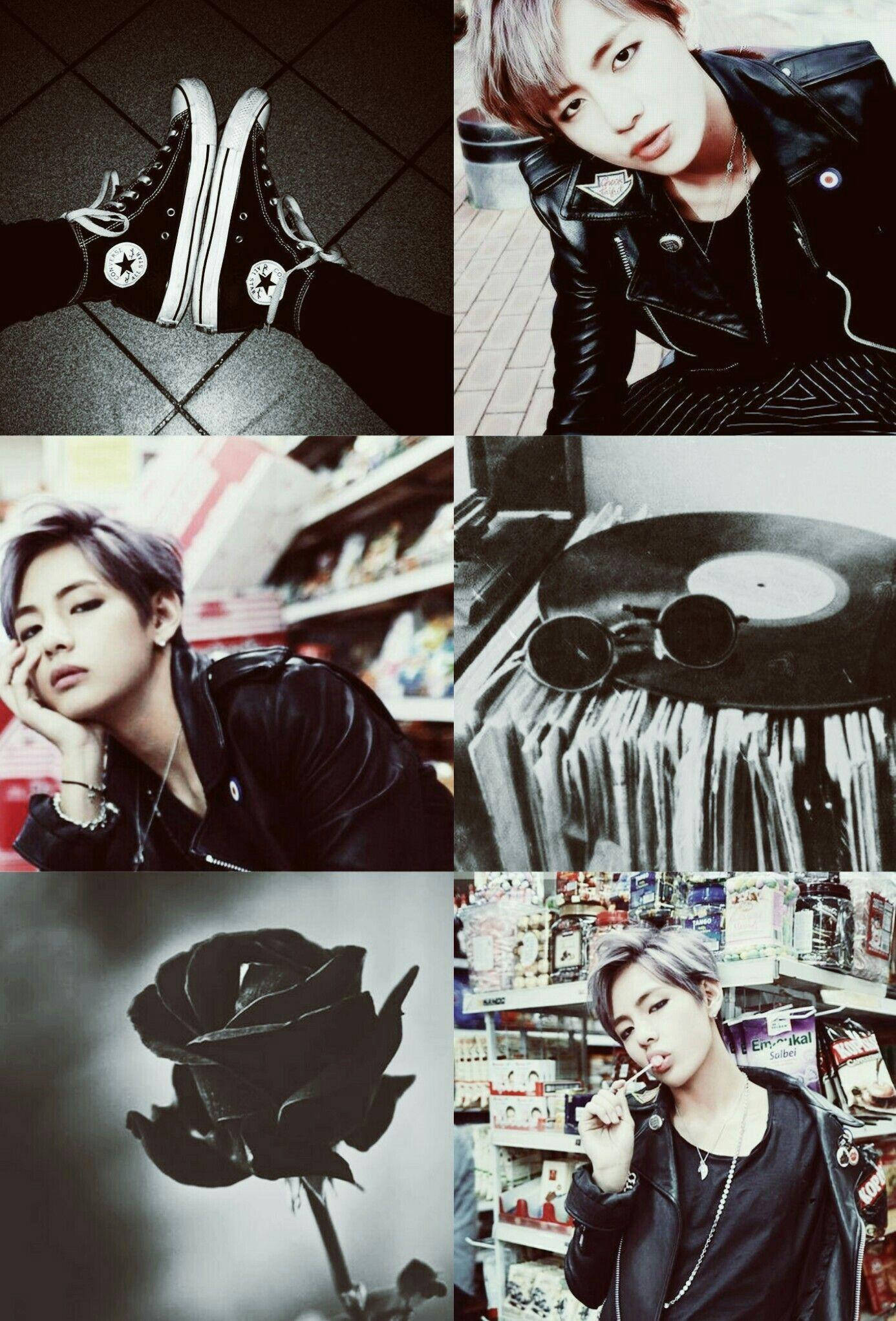 black and white aesthetic grid 桌布 壁紙 — 一張充滿氛圍的黑白拼貼畫，描繪一位穿著皮衣的年輕男子、Converse 運動鞋、一朵黑玫瑰，以及唱片行裡的黑膠唱片。