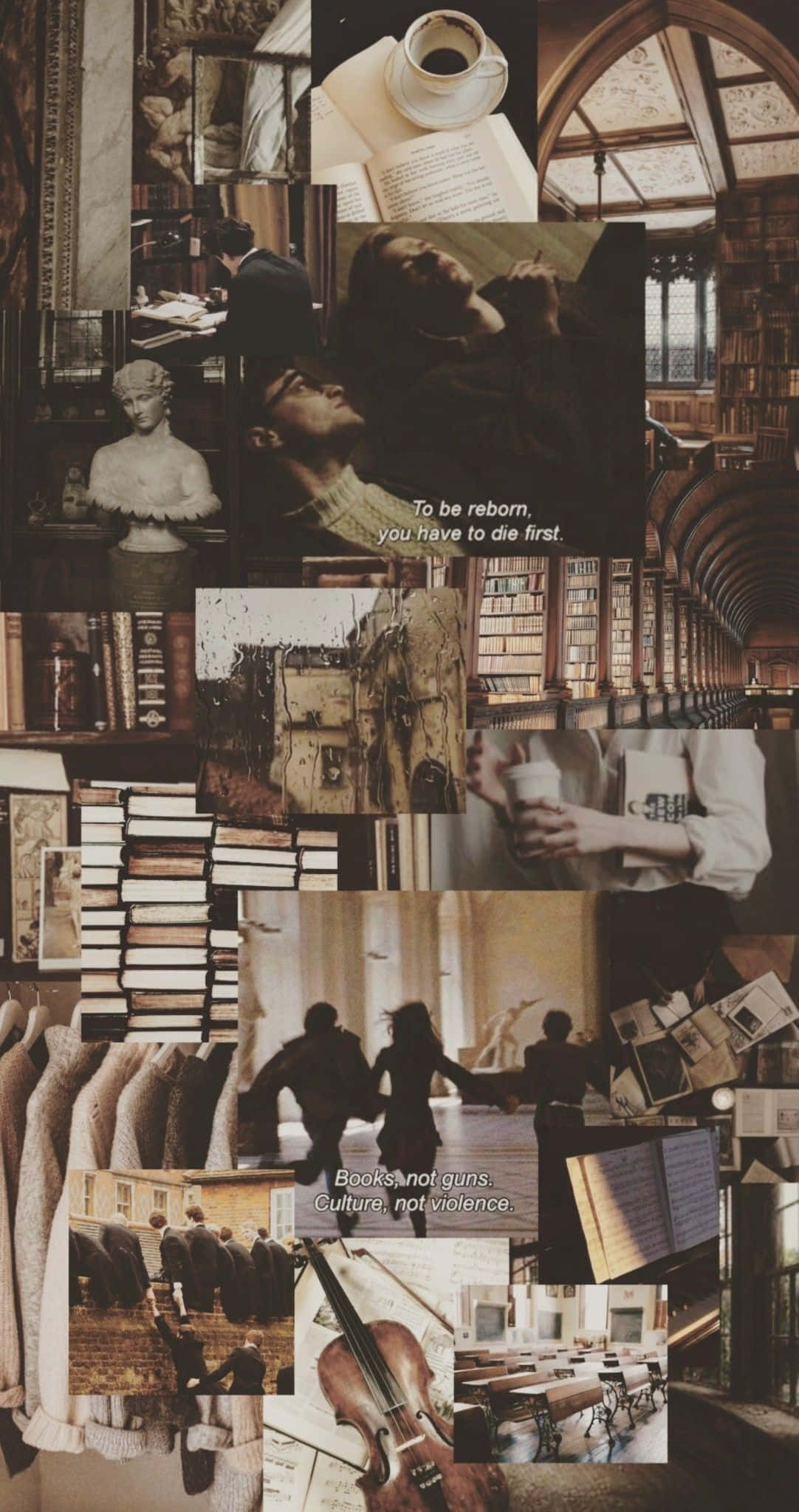 Dark Academia Aesthetic 桌布 壁紙 — 一張充滿氣氛的拼貼畫，融合了復古圖書館場景、書籍、咖啡和名言，喚起知識深度和寧靜的沉思。