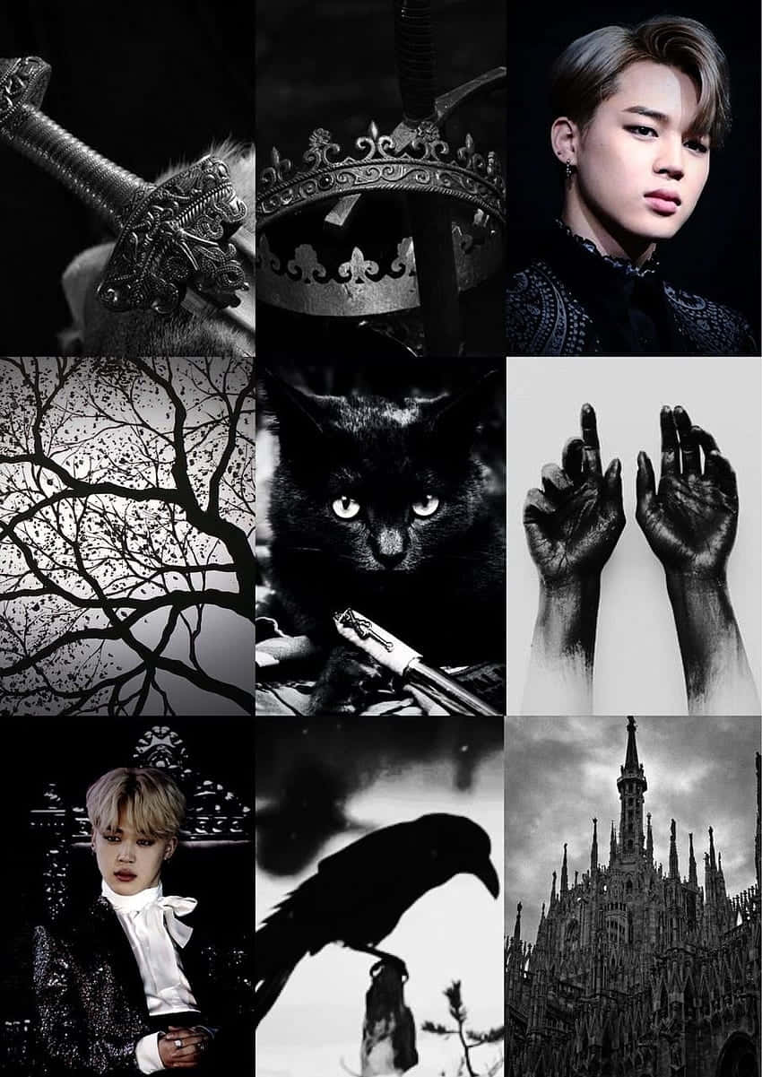 Goth Aesthetic Black 桌布 壁紙 — 一張充滿氣氛的黑白拼貼畫， featuring 皇冠、劍、貓、烏鴉、手和哥德式建築。