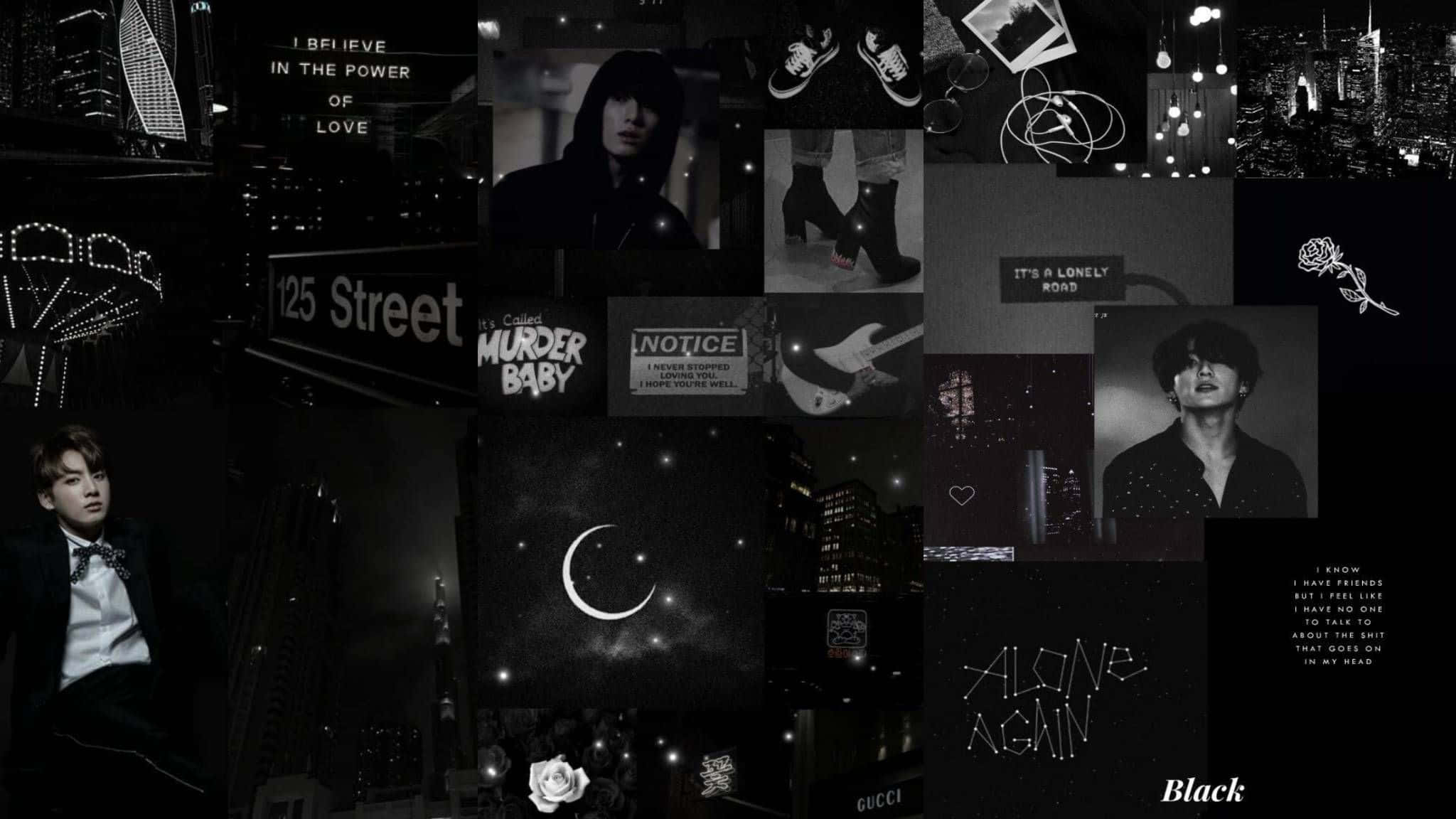 Aesthetic Black 桌布 壁紙 — 一張充滿氣氛的黑白拼貼畫，包含城市夜景、肖像和文字疊加，點綴著孤獨的玫瑰和新月。
