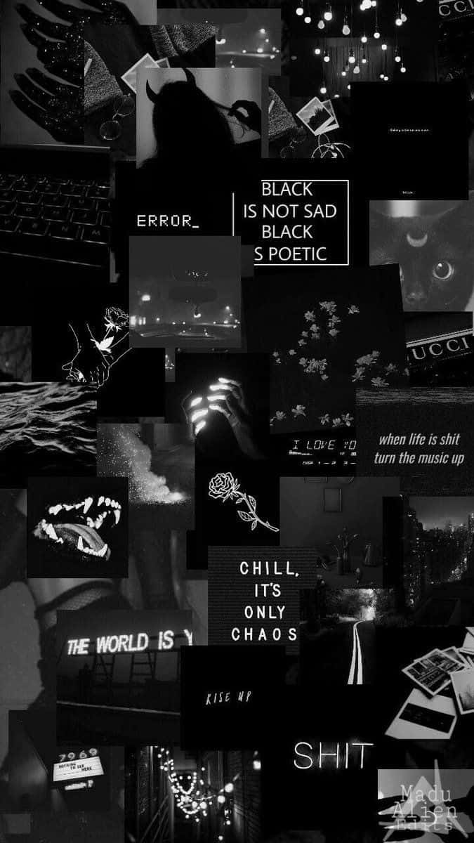 Retro 桌布 壁紙 — 一張充滿氣氛的黑白拼貼畫，包含照片、語錄和符號，表達黑暗詩意的叛逆和都市夜生活。