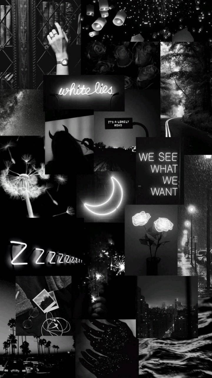 Monochrome 桌布 壁紙 — 一張充滿氣氛的黑白拼貼畫，描繪夜間城市景觀、發光的霓虹燈牌，以及像蒲公英和玫瑰等象徵性圖像。