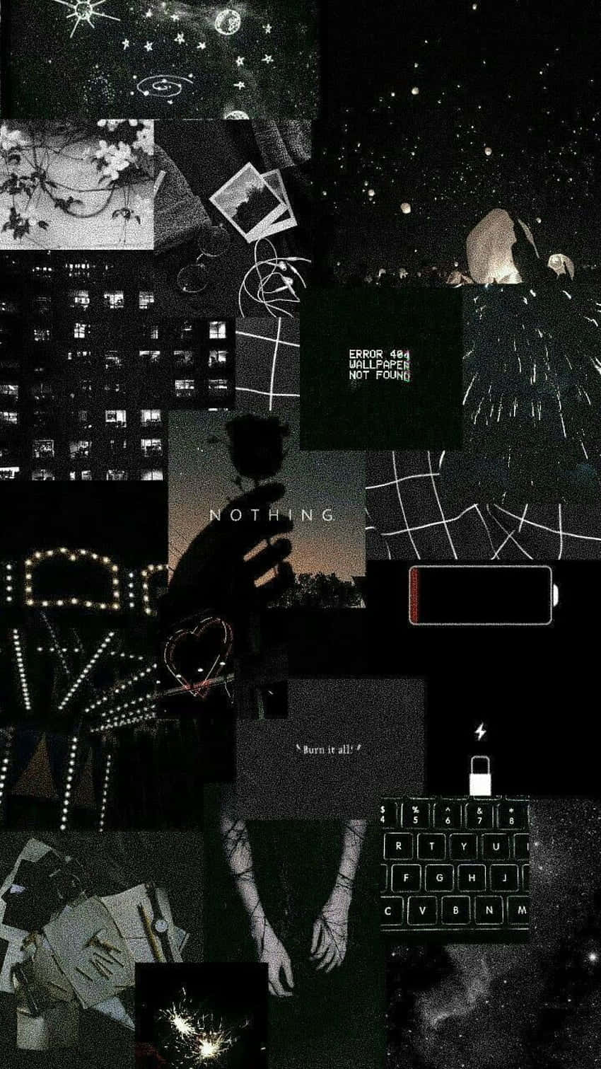 Life Aesthetic 桌布 壁紙 — 一張充滿氣氛的黑白數位拼貼畫，包含星星、閃光、手機螢幕和文字疊加等碎片化圖像。