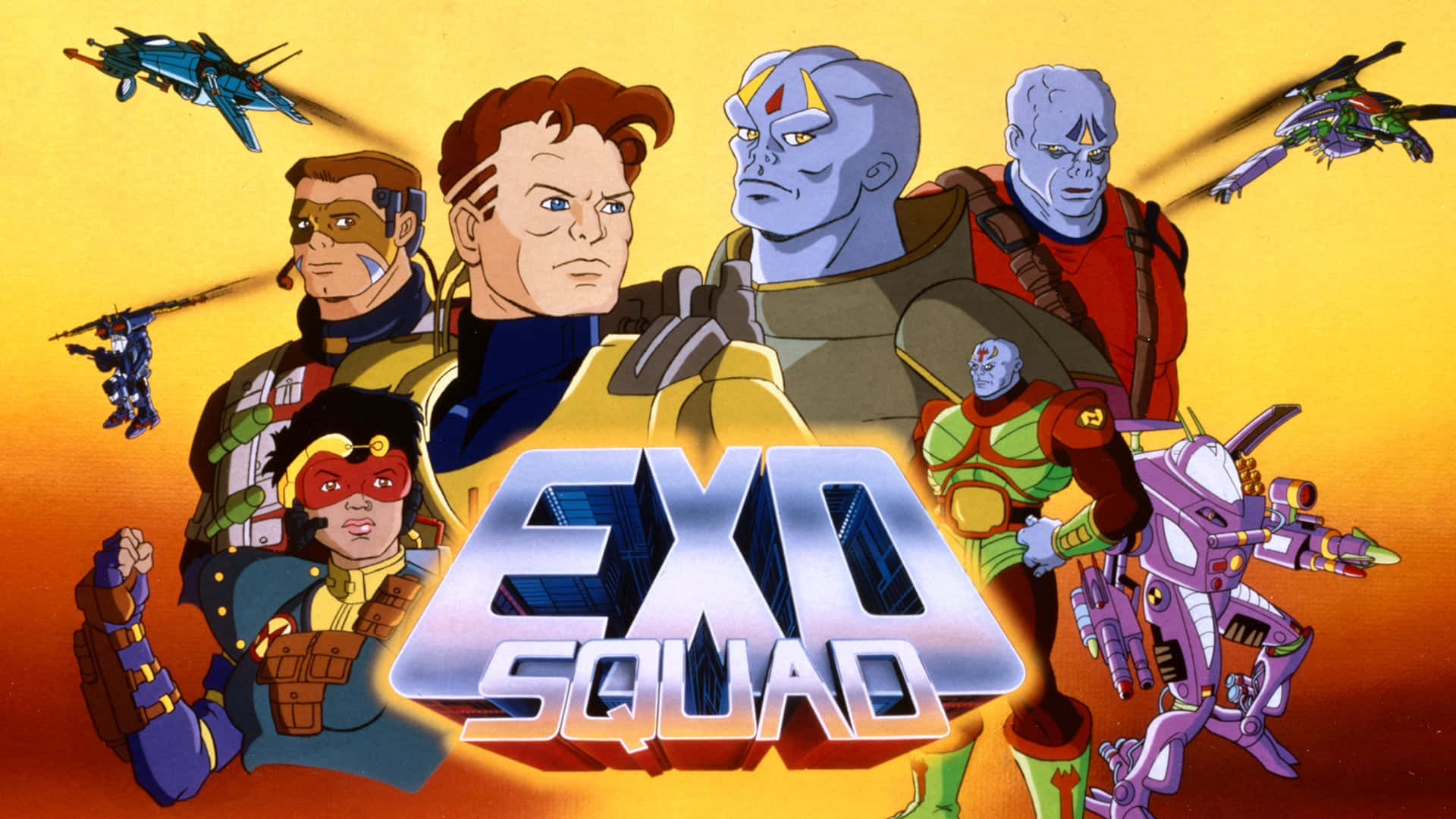 Robot 桌布 壁紙 — 一張充滿活力的 90 年代 Exo Squad 動畫海報，以火紅橙色的天空為背景，展示多位英雄和未來風格的機甲。