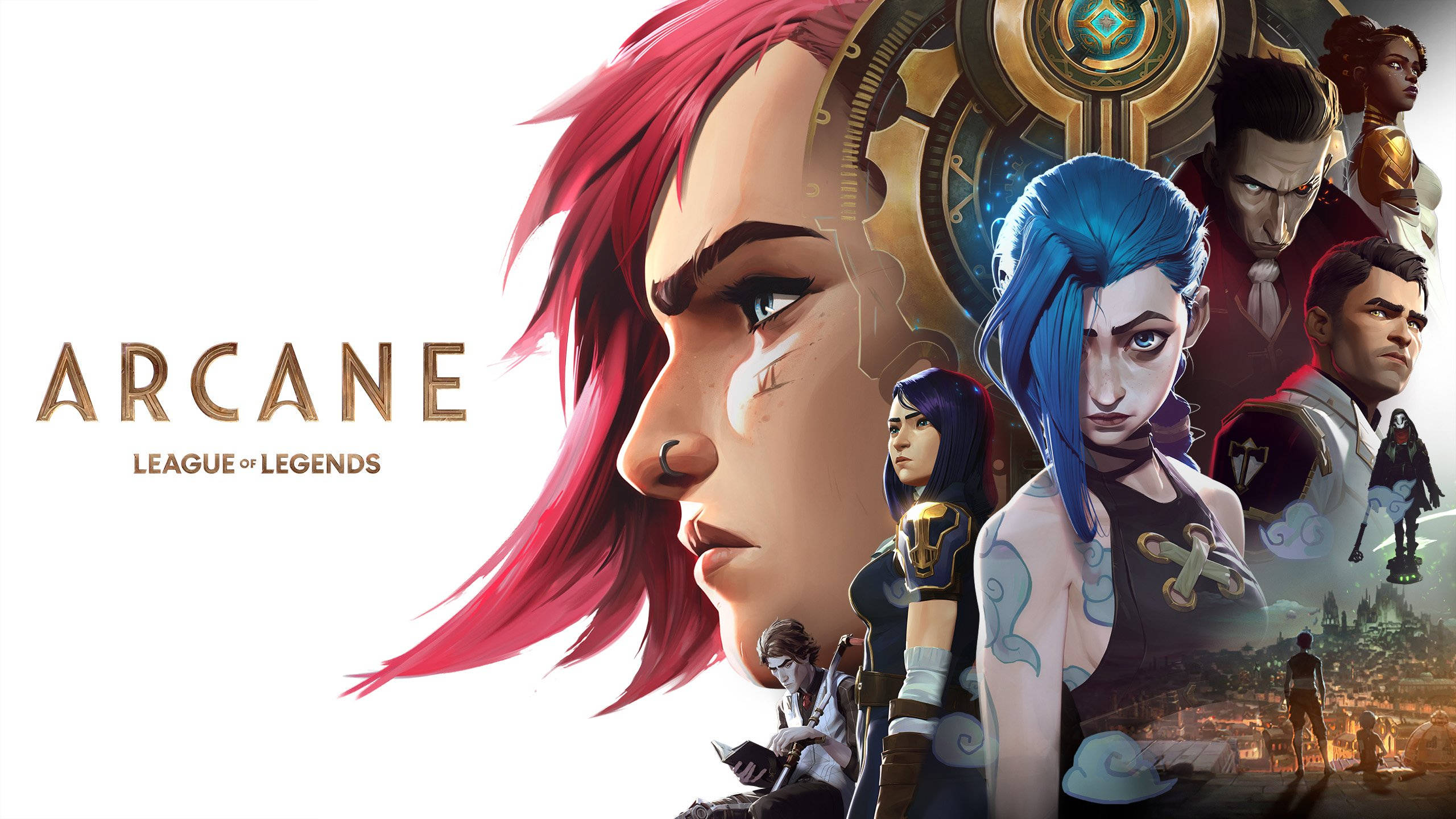 Arcane 桌布 壁紙 — 一張充滿活力的 Arcane 動畫海報，展示一排風格化的角色，擁有鮮明的紅色和藍色頭髮，背景是奇幻城市。