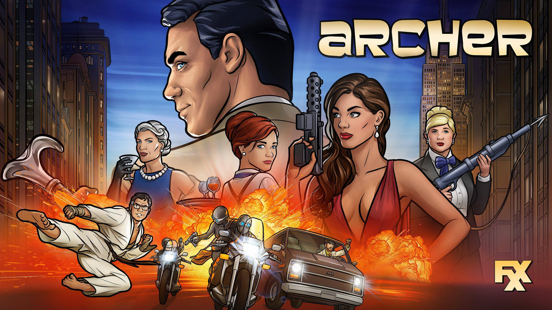 《Archer》動畫電視劇海報，角色們在熊熊燃燒的城市背景下展開行動。 — Fire Emblem Warriors 壁紙