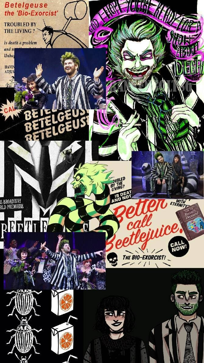 Beetlejuice 桌布 壁紙 — 一張充滿活力的 Beetlejuice 角色和宣傳藝術拼貼，特色是綠色頭髮、條紋西裝和恐怖幽默。