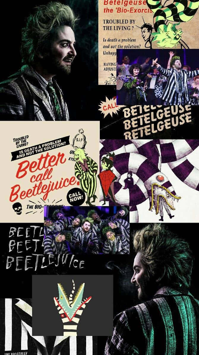 Vintage Collage 桌布 壁紙 — 一張充滿活力的 Beetlejuice 電影海報和宣傳藝術拼貼畫，展示了標誌性的綠髮鬼魂在各種戲劇和喜劇場景中。