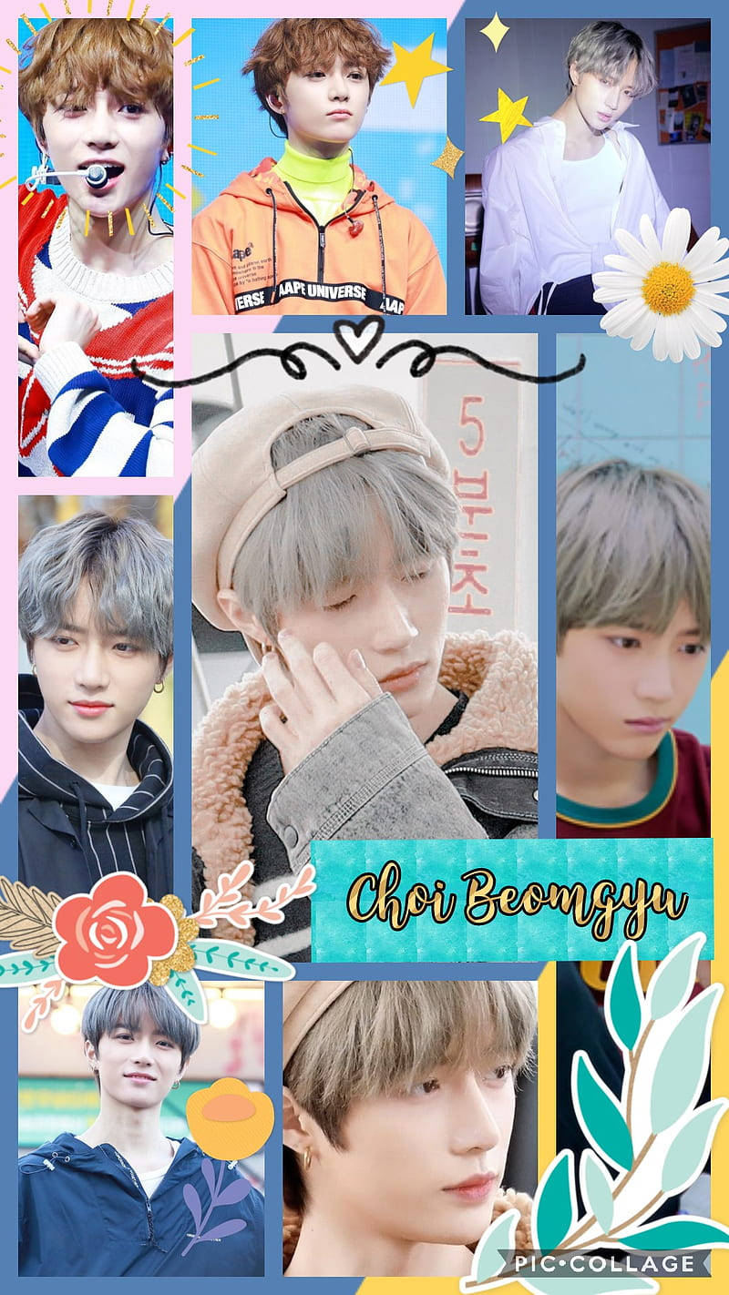 Txt 桌布 壁紙 — 一張充滿活力的 Choi Beomgyu 拼貼畫，展示多種服裝和姿勢，並以花卉和星星貼紙裝飾。