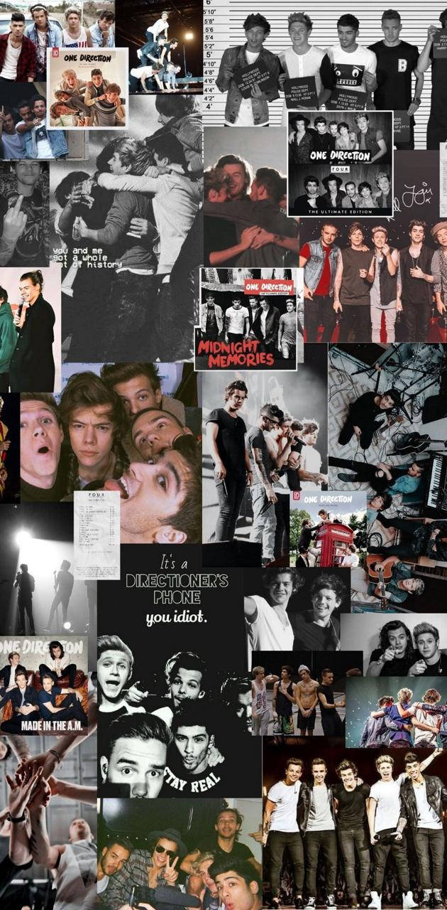 One Direction Aesthetic 桌布 壁紙 — 一張充滿活力的 One Direction 粉絲照片拼貼，包含坦率時刻、專輯封面和黑白及彩色團體照。