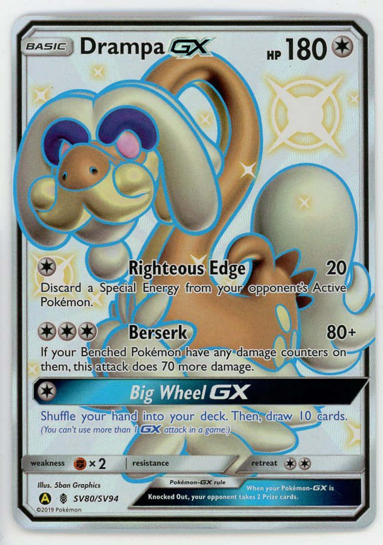 寶可夢 桌布 壁紙 — 一張充滿活力的 Pokémon 卡， featuring Drampa GX，帶有俏皮的卡通狗設計和發光的星星點綴。