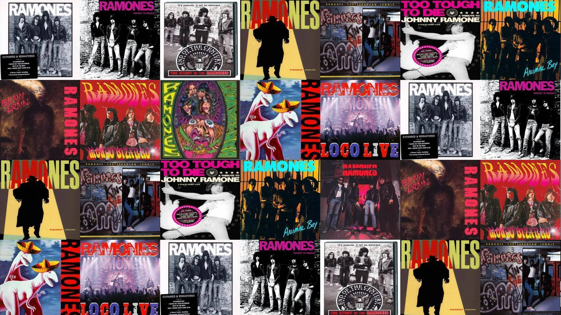 Album Cover 桌布 壁紙 — 一張充滿活力的 Ramones 專輯封面拼貼畫，以粗獷的圖形和質感攝影呈現龐克搖滾樂團成員。