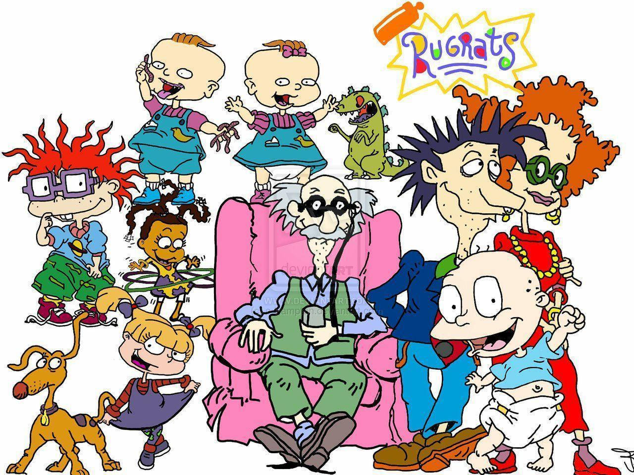 rugrats 桌布 壁紙 — 一張充滿活力的 Rugrats 角色卡通拼貼畫，包括 Tommy、Chuckie、Angelica 和他們的父母，圍繞著一張粉紅色沙發，還有一個恐龍玩具。