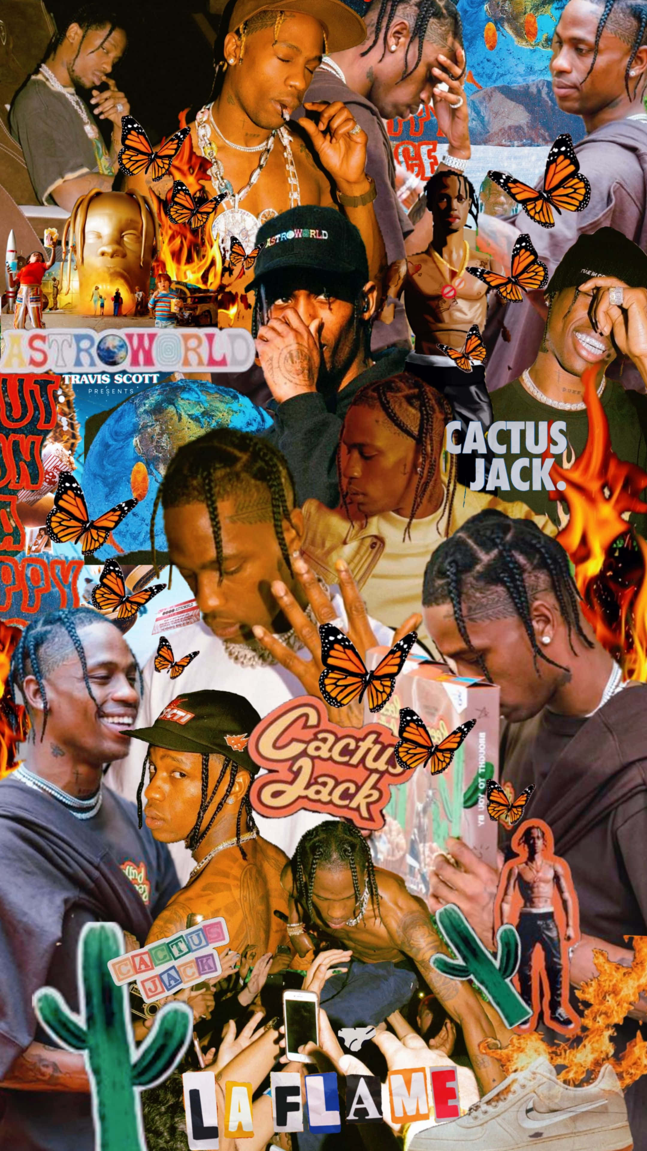 Rapper Collage 桌布 壁紙 — 一張充滿活力的 Travis Scott 拼貼畫，展示他各種姿勢，周圍環繞著蝴蝶、仙人掌、火焰和專輯藝術。