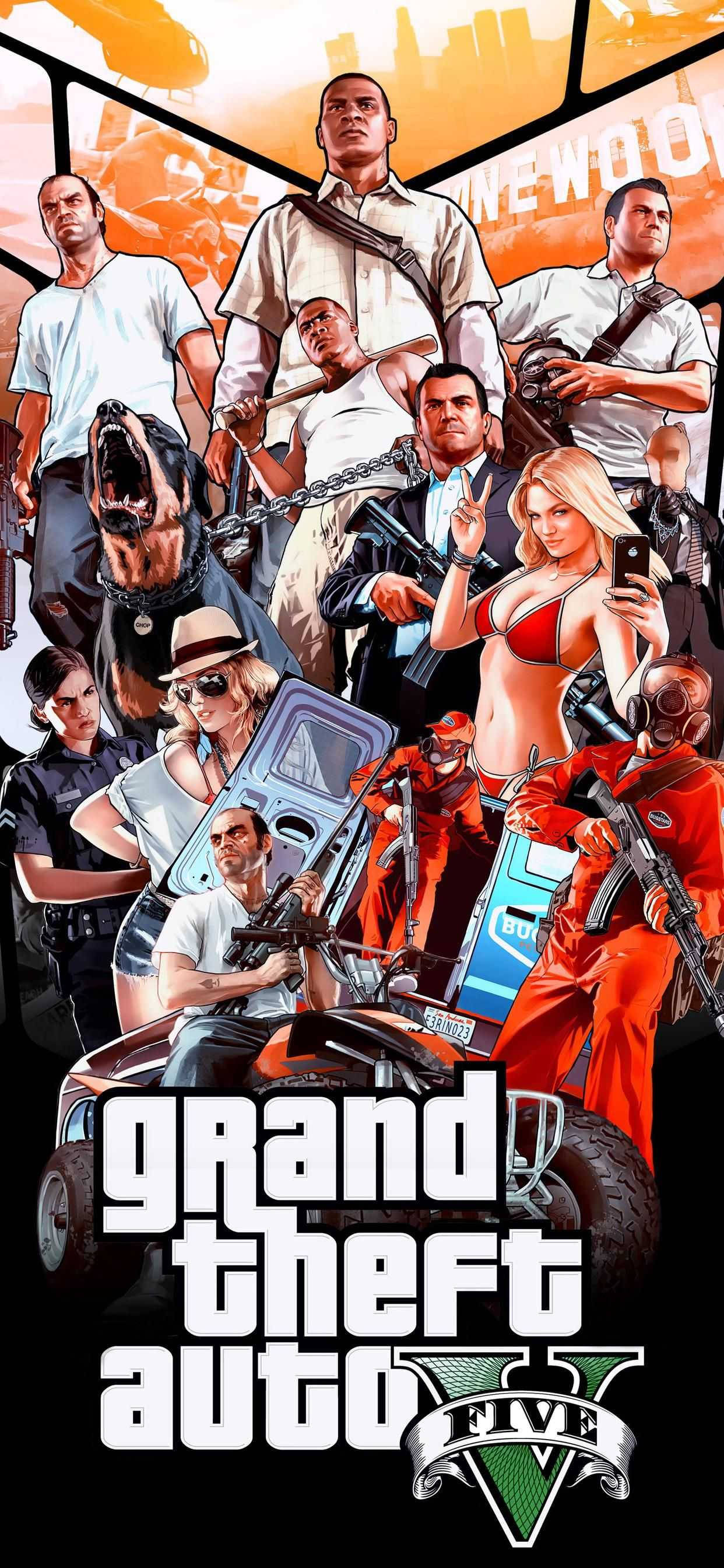 Gta 桌布 壁紙 — 一張充滿活力的《俠盜獵車手V》電玩海報，以風格化的城市背景為襯托，呈現武裝角色與一隻狗的混亂拼貼。