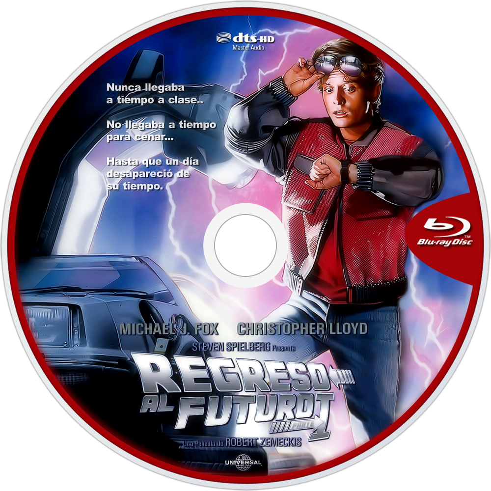 回到未來 桌布 壁紙 — 一張充滿活力的《回到未來 I》插圖 Blu-ray 光碟， featuring Marty McFly 穿著他標誌性的紅色外套，背景是佈滿閃電的天空和 DeLorean。