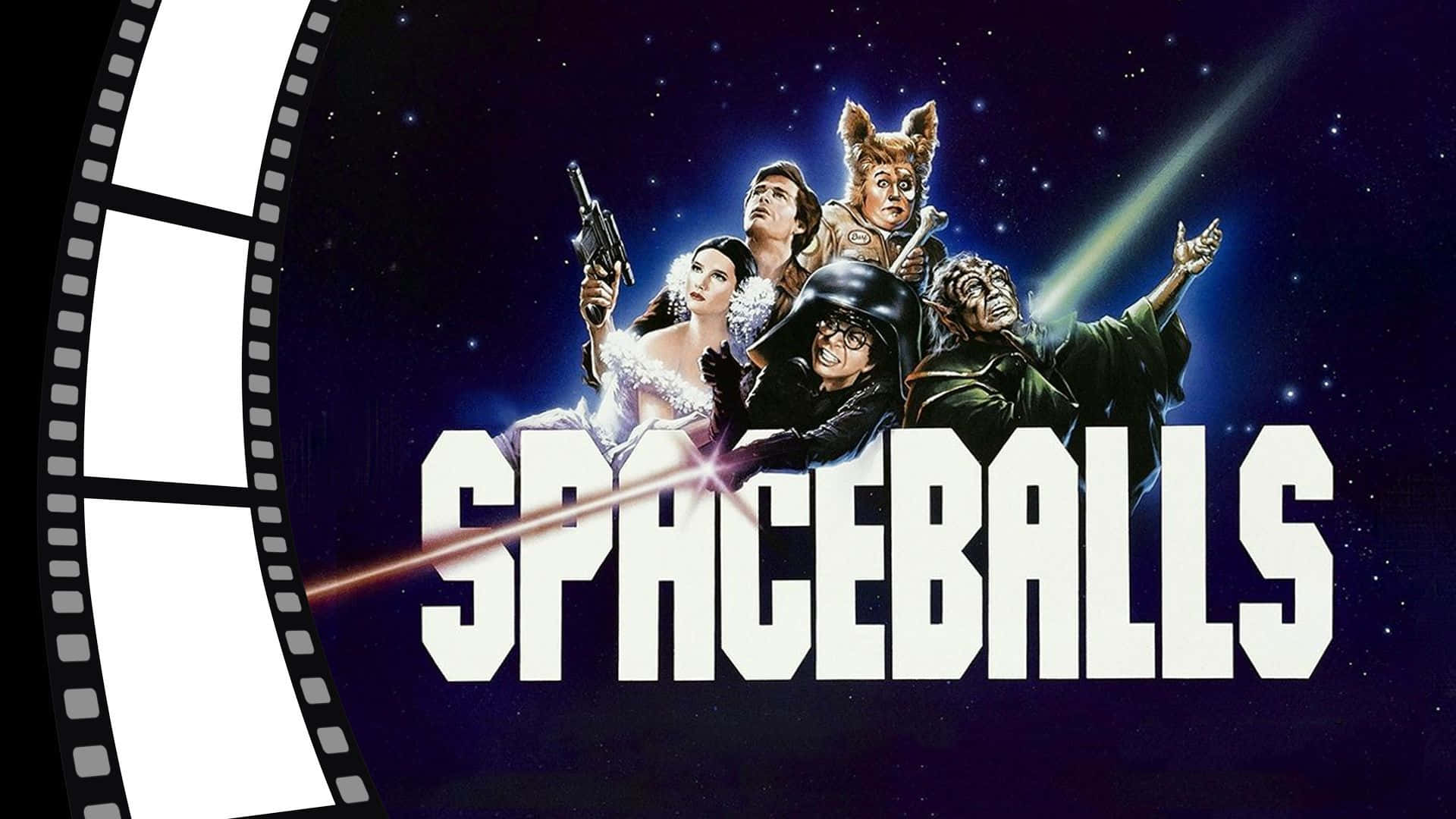 spaceballs 桌布 壁紙 — 一張充滿活力的《太空球》電影海報，在星空太空背景下展示古怪角色，並帶有膠片邊框。
