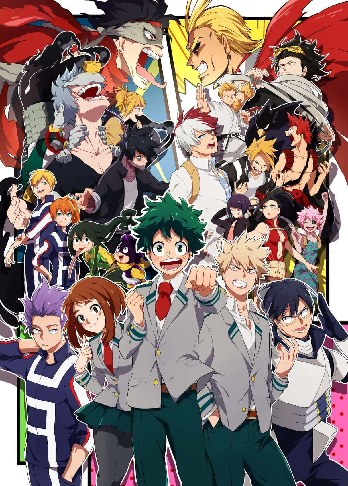 My Hero Academia iPad 桌布 壁紙 — 一張充滿活力的《我的英雄學院》角色動漫拼貼畫，角色們擺出動態姿勢，色彩大膽，表情豐富。