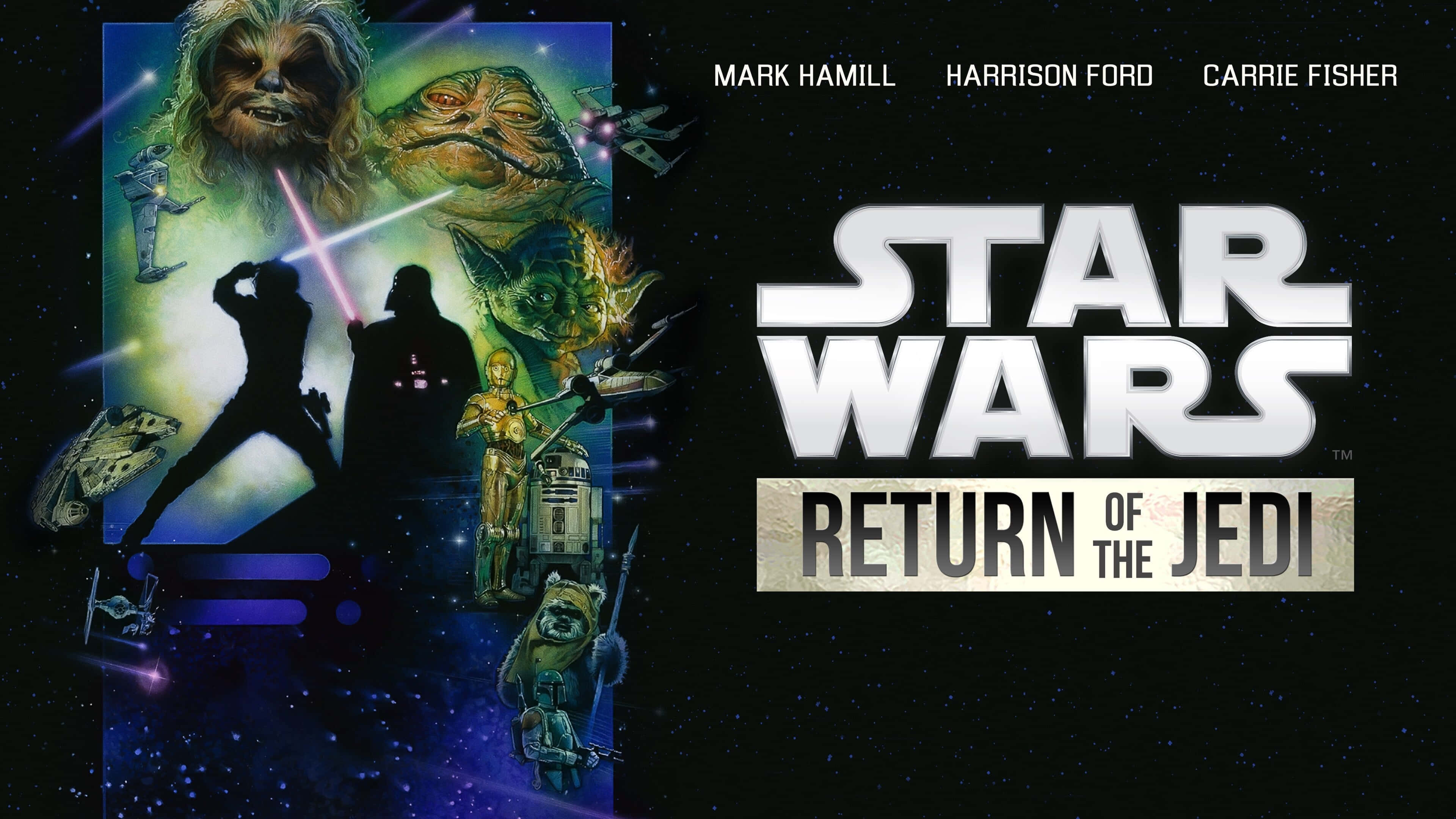 Return Of The Jedi 桌布 壁紙 — 一張充滿活力的《星際大戰：絕地大反攻》海報，以丘巴卡、尤達和達斯維達等標誌性角色為特色，背景是宇宙。