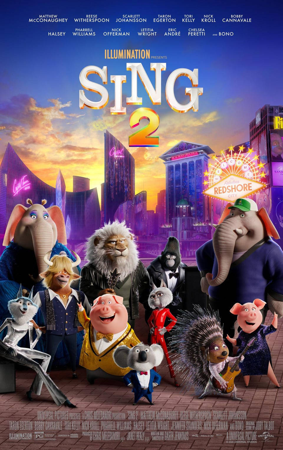 電影動圖 桌布 壁紙 — 一張充滿活力的《歡樂好聲音2》動畫電影海報，以擬人化動物穿著華麗服裝，背景是日落時分色彩繽紛的城市天際線。