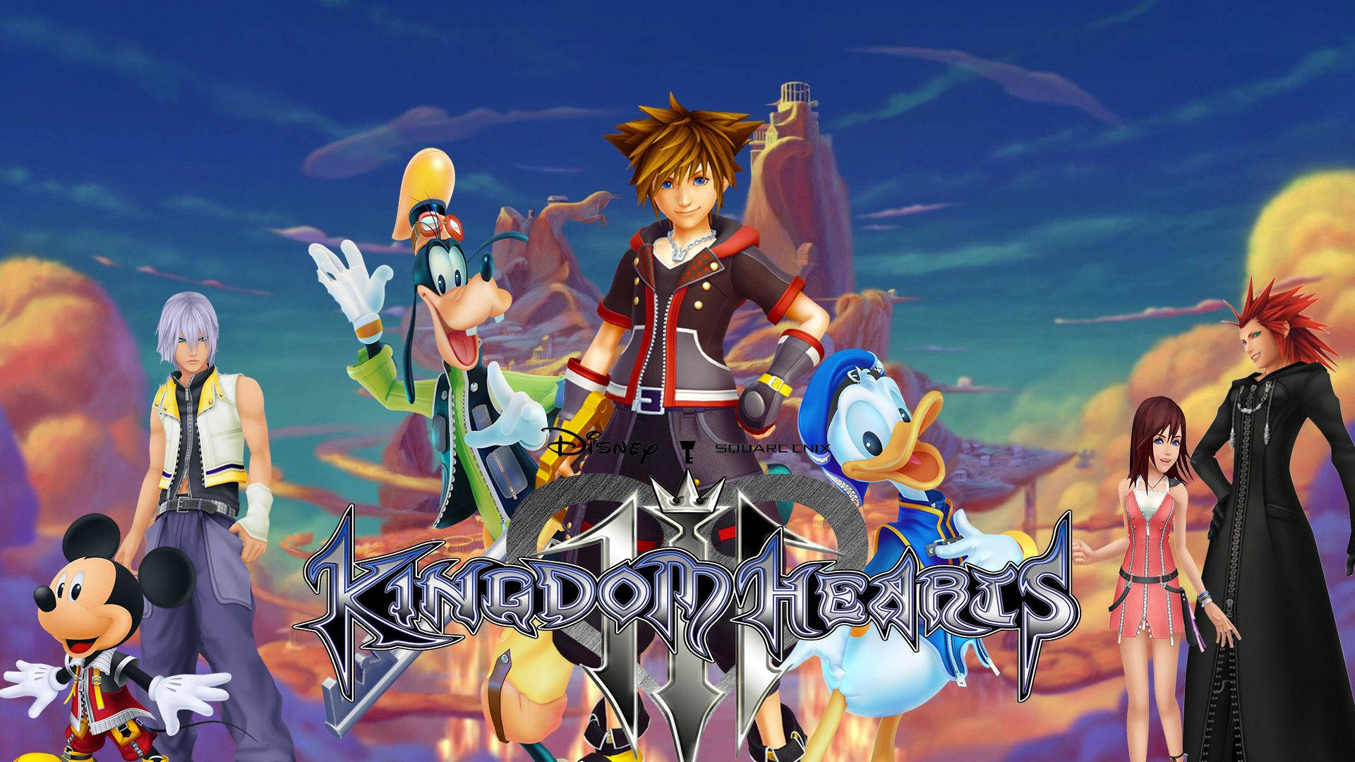Kingdom Hearts 3 桌布 壁紙 — 一張充滿活力的《王國之心 III》宣傳圖片，以奇幻的天空為背景，展示標誌性的迪士尼和史克威爾艾尼克斯角色。