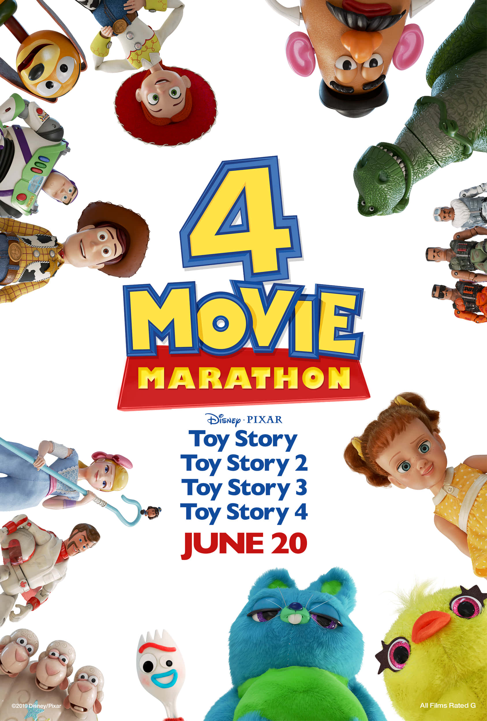 Toy Story 4 桌布 壁紙 — 一張充滿活力的《玩具總動員》電影馬拉松宣傳海報，以標誌性的動畫玩具角色圍繞粗體文字排列。