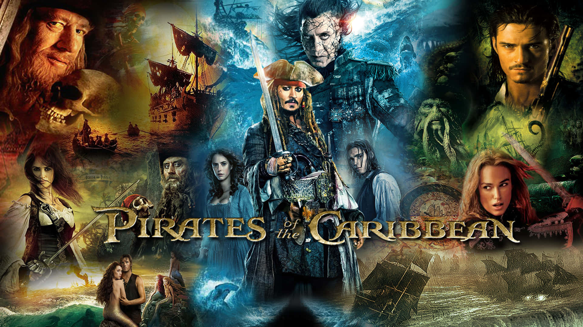 Pirates Of The Caribbean 桌布 壁紙 — 一張充滿活力的《神鬼奇航》電影海報， featuring 傑克·史派羅和其他角色， amidst 船隻和超自然元素。