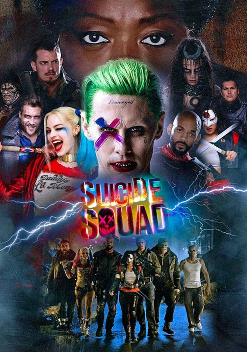 The Suicide Squad 桌布 壁紙 — 一張充滿活力的《自殺突擊隊》電影海報，小丑和哈莉·奎茵被其他混亂的惡棍包圍，背景是電光藍色的閃電。