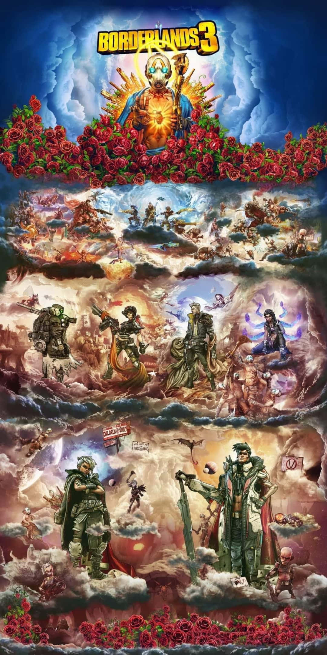 電玩遊戲 桌布 壁紙 — 一張充滿活力的《邊緣禁地3》數位藝術海報，中央有一個發光的人物，周圍是混亂的戰鬥場景和角色，跨越雲層，並以紅玫瑰框住。