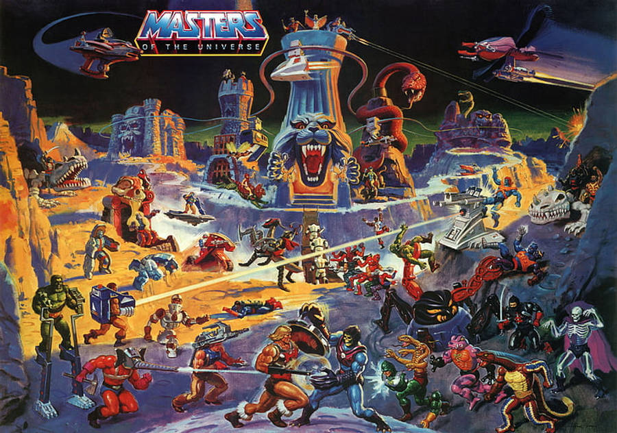 Art Desktop 桌布 壁紙 — 一張充滿活力的1980年代Masters of the Universe海報描繪了在一個有城堡和飛行車輛的岩石星球上的混亂戰鬥。