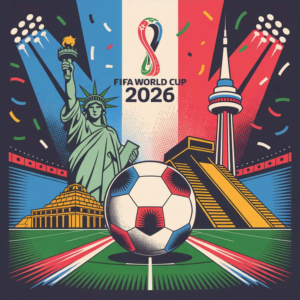 FIFA WORLD CUP 2026 壁紙 — 一張充滿活力的2026年國際足協世界盃海報，以足球為中心，背景是自由女神像和CN塔等標誌性建築，在五彩紙屑和聚光燈下。