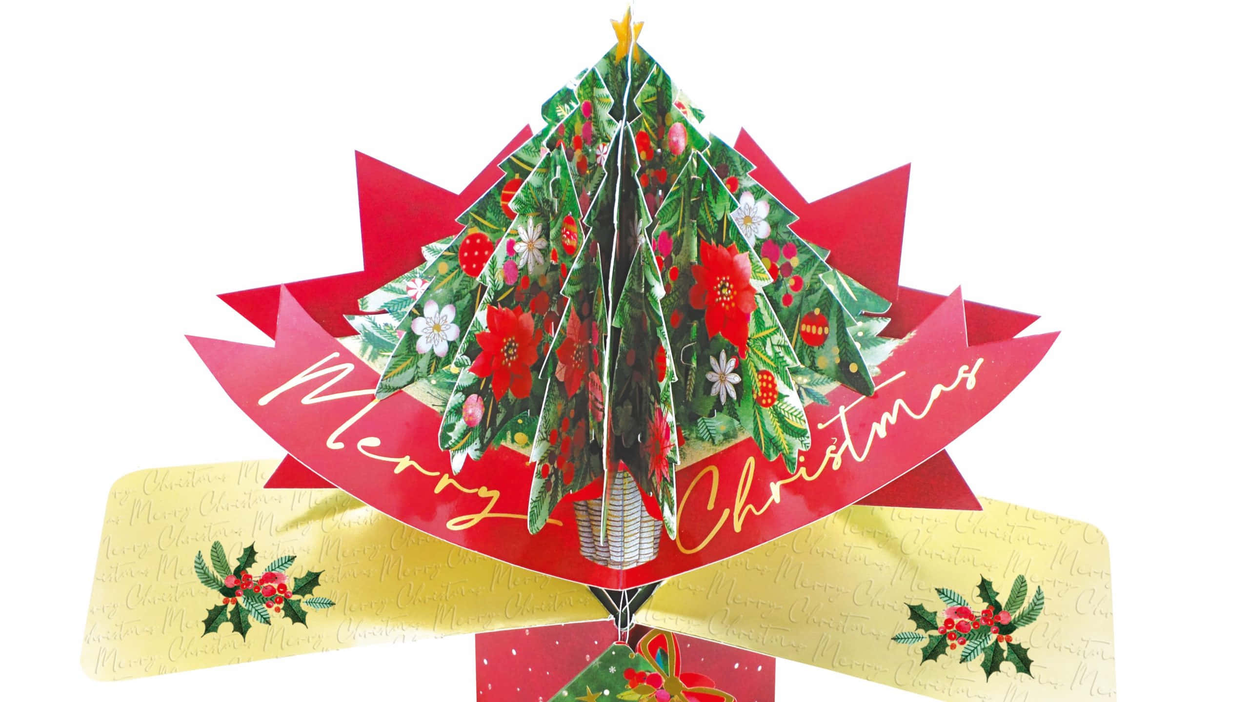 Christmas Card 桌布 壁紙 — 一張充滿活力的3D立體聖誕卡，上面有紅色聖誕紅和冬青漿果的花卉樹，背景為紅色和金色，並帶有「聖誕快樂」字樣。
