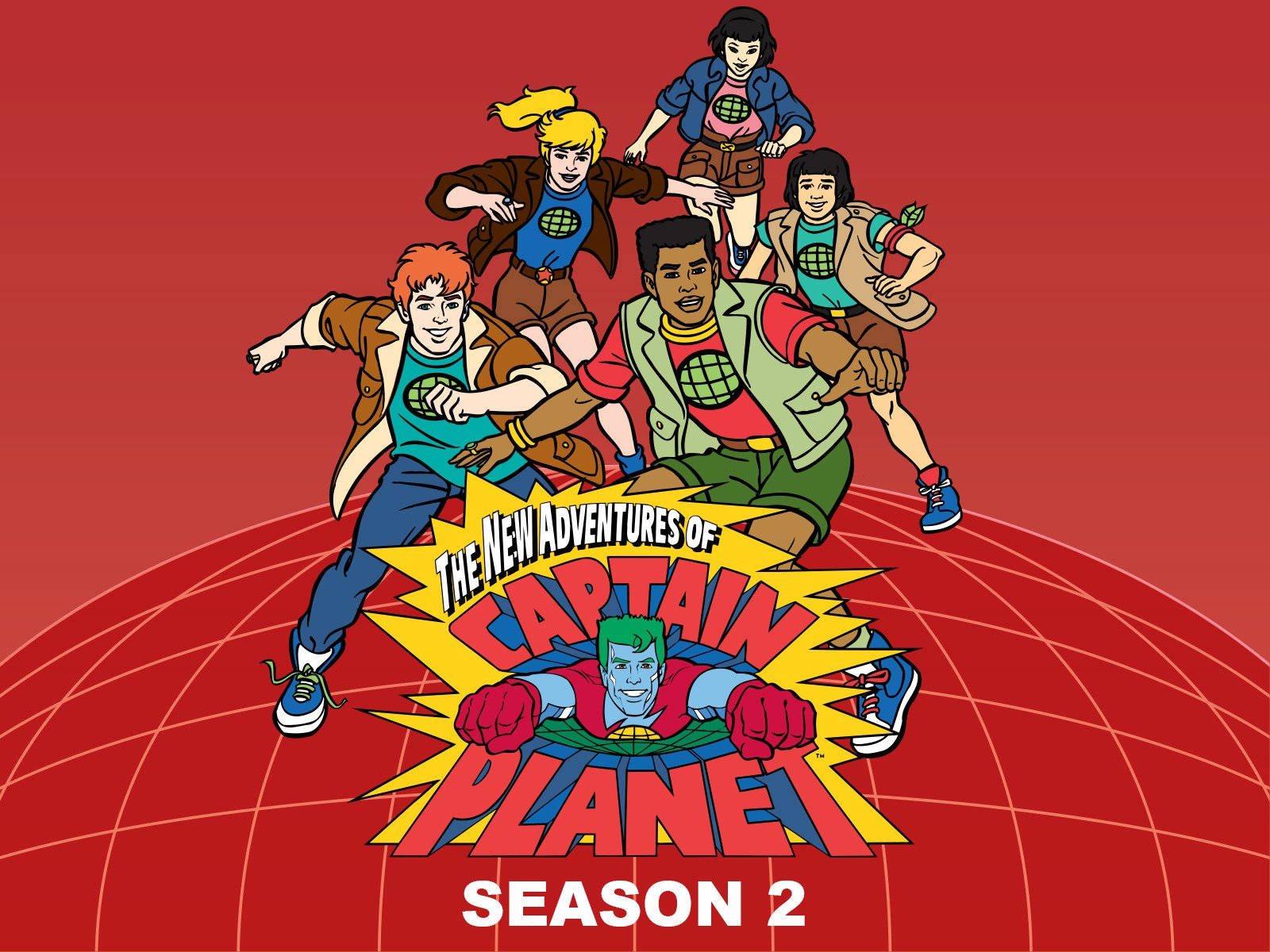Captain Planet 桌布 壁紙 — 一張充滿活力的80年代卡通海報，為《地球超人》第二季設計，五位英雄在紅色地球背景前擺出動感姿勢。