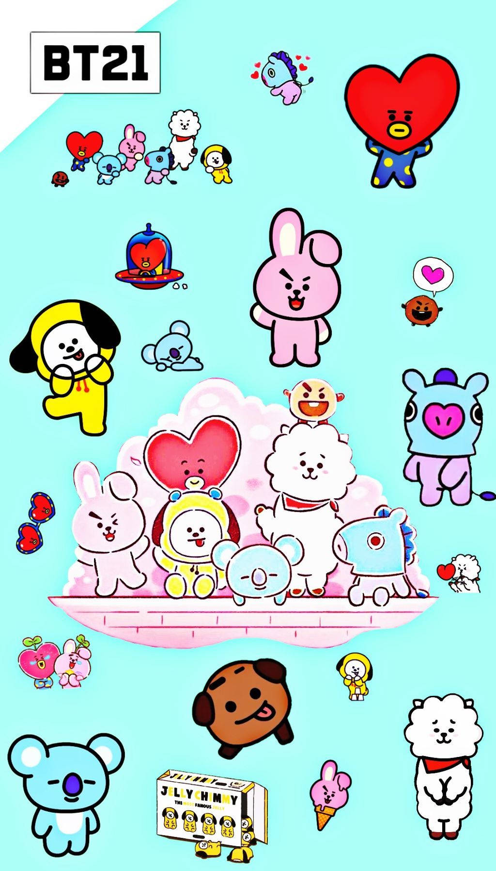 BT21卡通角色漂浮在粉紅色雲朵上，帶有心形和微笑。