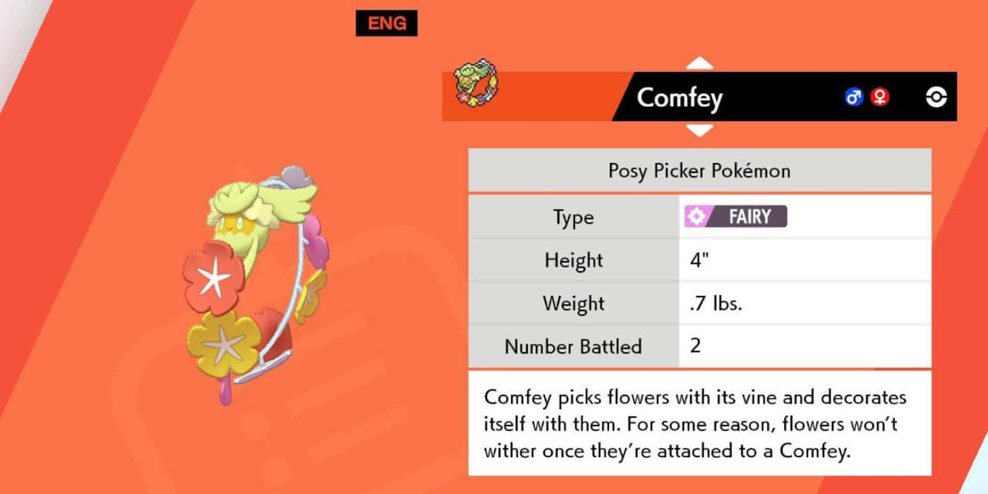 寶可夢 桌布 壁紙 — 一張充滿活力的Comfey Pokémon卡，帶有花卉裝飾和橙色漸變背景上的統計數據。