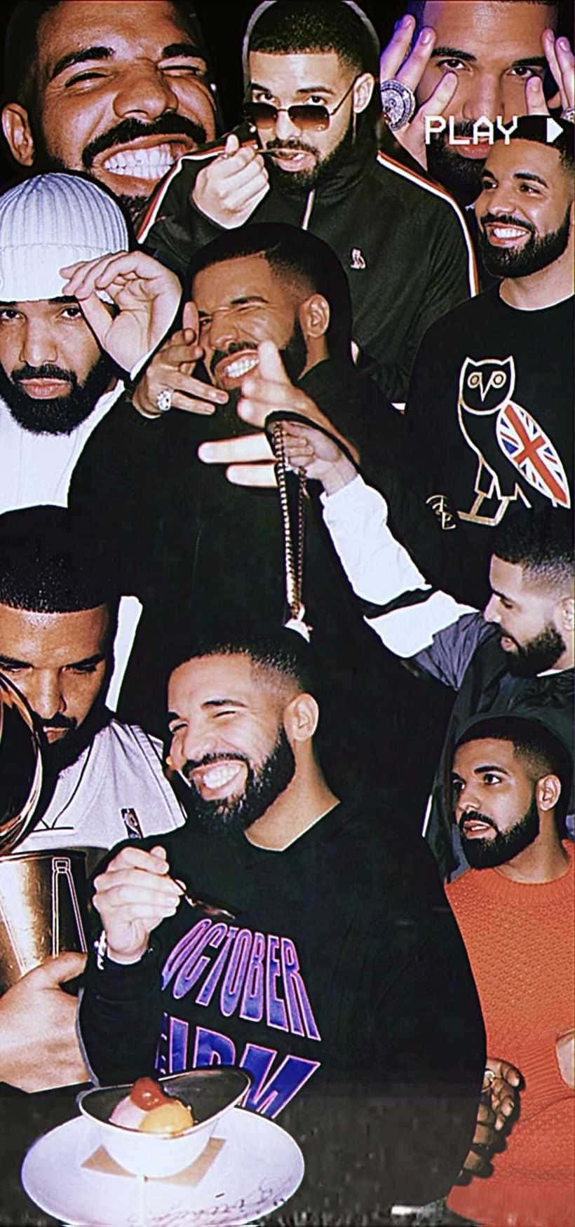 Aesthetic Drake 桌布 壁紙 — 一張充滿活力的Drake拼貼畫，展示他各種俏皮的姿勢和服裝，手持獎盃和甜點，笑容燦爛。