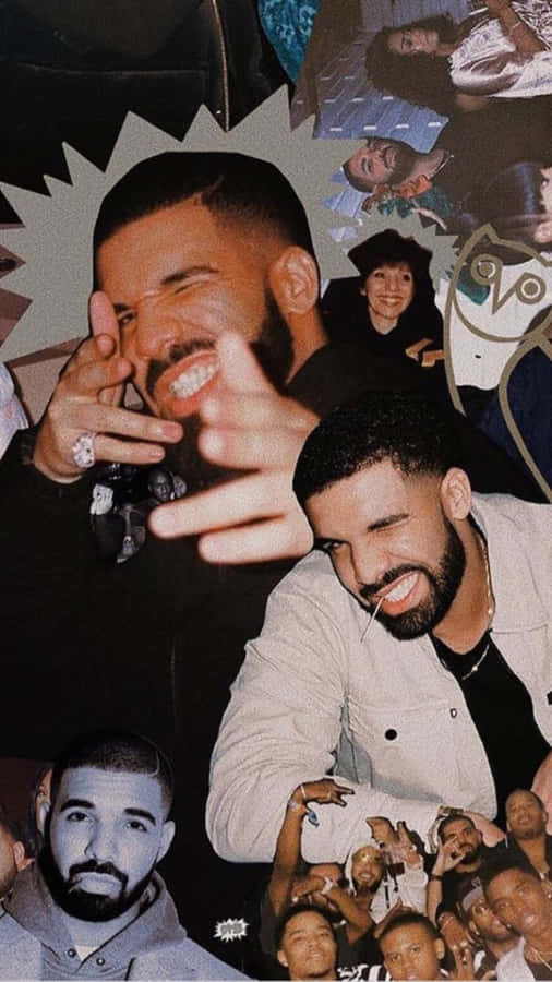 Aesthetic Drake 桌布 壁紙 — 一張充滿活力的Drake拼貼畫，展示他各種姿勢和表情，周圍環繞著粉絲和流行文化偶像。