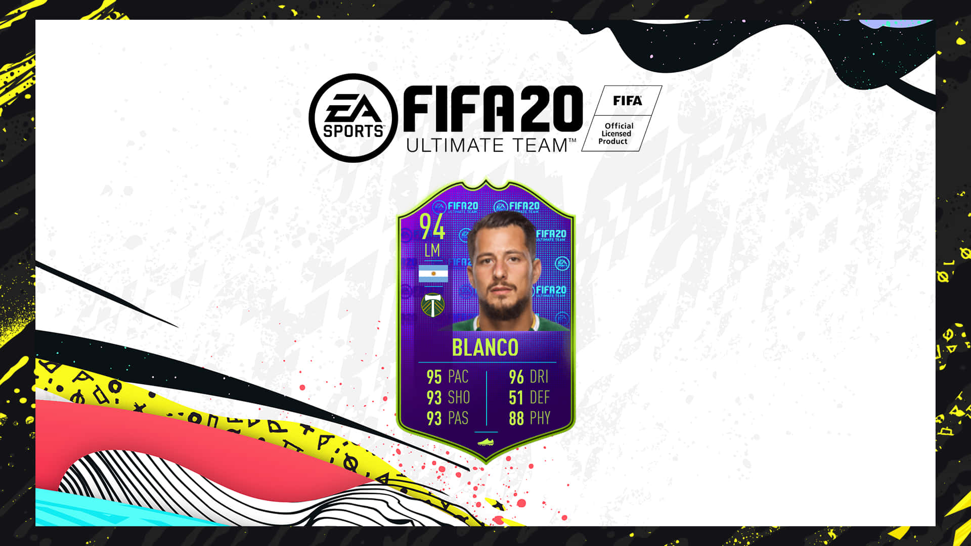 電玩遊戲 桌布 壁紙 — 一張充滿活力的FIFA 20 Ultimate Team球員卡， featuring Blanco，附有統計數據和色彩繽紛的抽象背景元素。