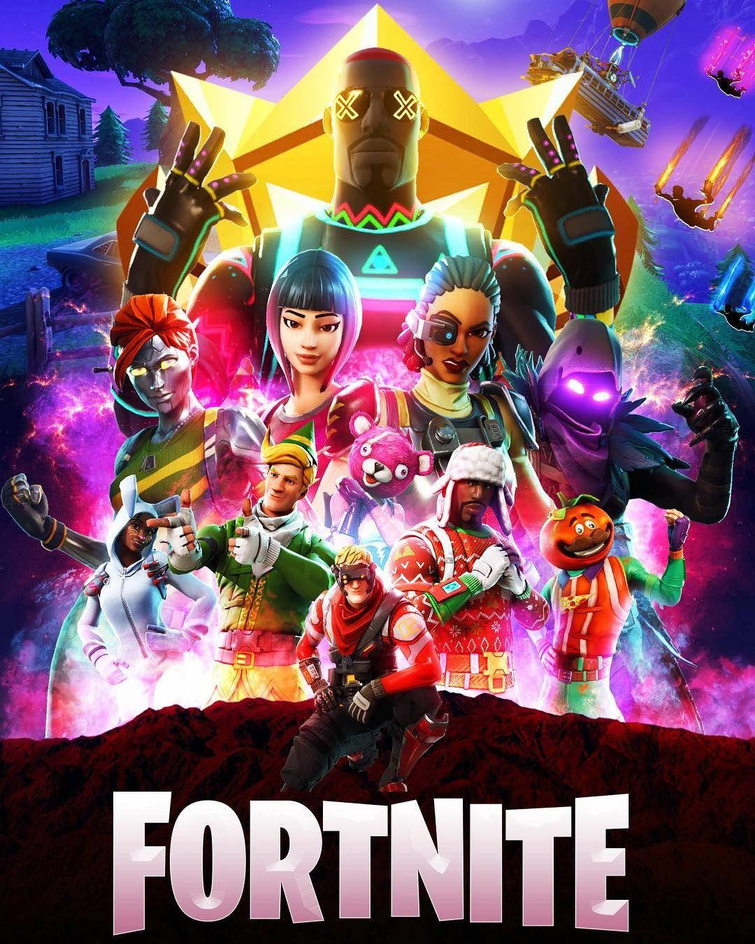 Og 桌布 壁紙 — 一張充滿活力的Fortnite宣傳海報，展示不同角色穿著色彩繽紛的服裝，背景是宇宙景觀和一顆巨大的發光星星。