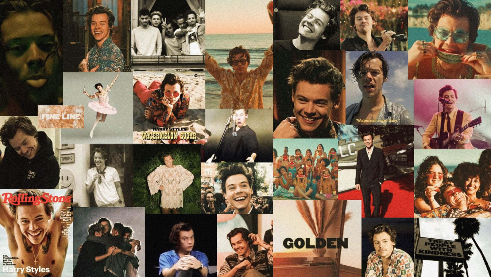 Harry Styles Laptop 桌布 壁紙 — 一張充滿活力的Harry Styles拼貼畫，展示他在攝影、演唱會和雜誌封面中的多種造型和場景。