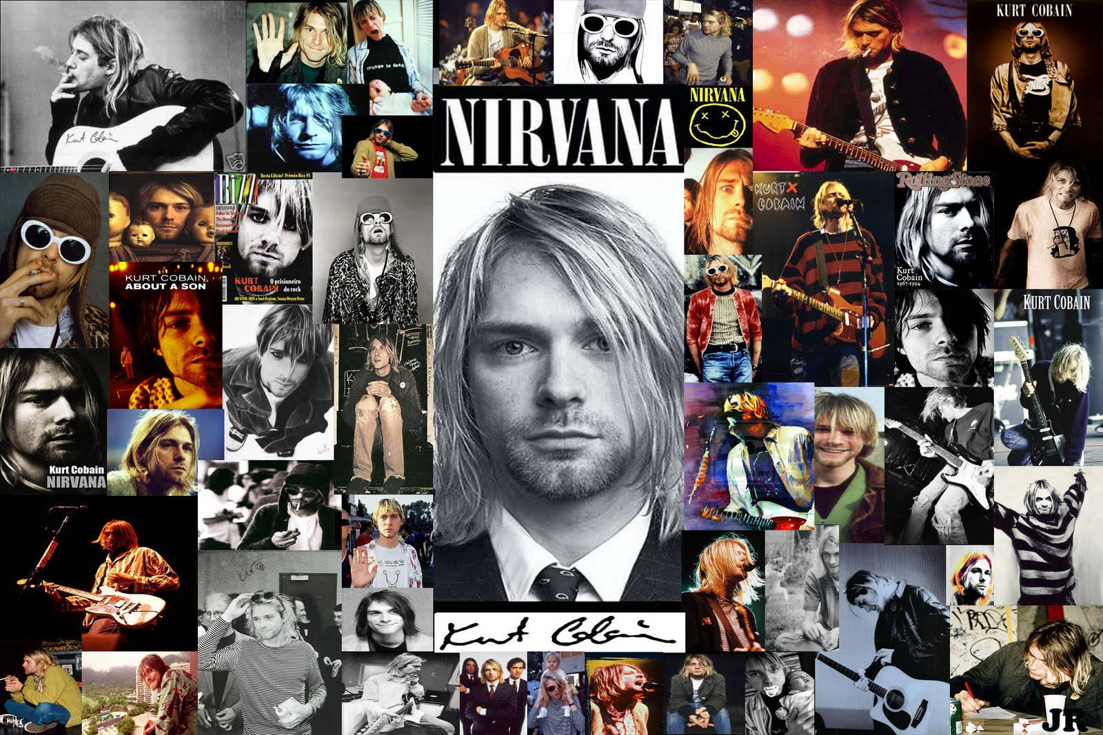 nirvana 桌布 壁紙 — 一張充滿活力的Kurt Cobain照片拼貼，展示了他標誌性的垃圾搖滾風格和在不同姿勢與時代中富有表現力的臉龐。