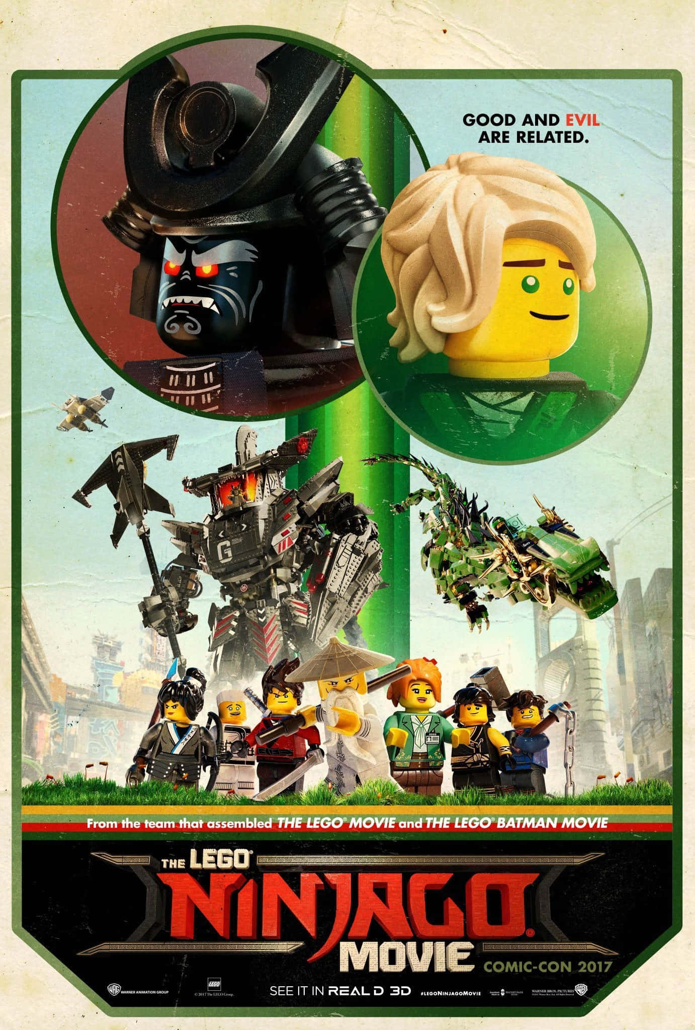 Animated 桌布 壁紙 — 一張充滿活力的LEGO Ninjago電影海報，以城市為背景，展示忍者角色和一個兇惡的反派。