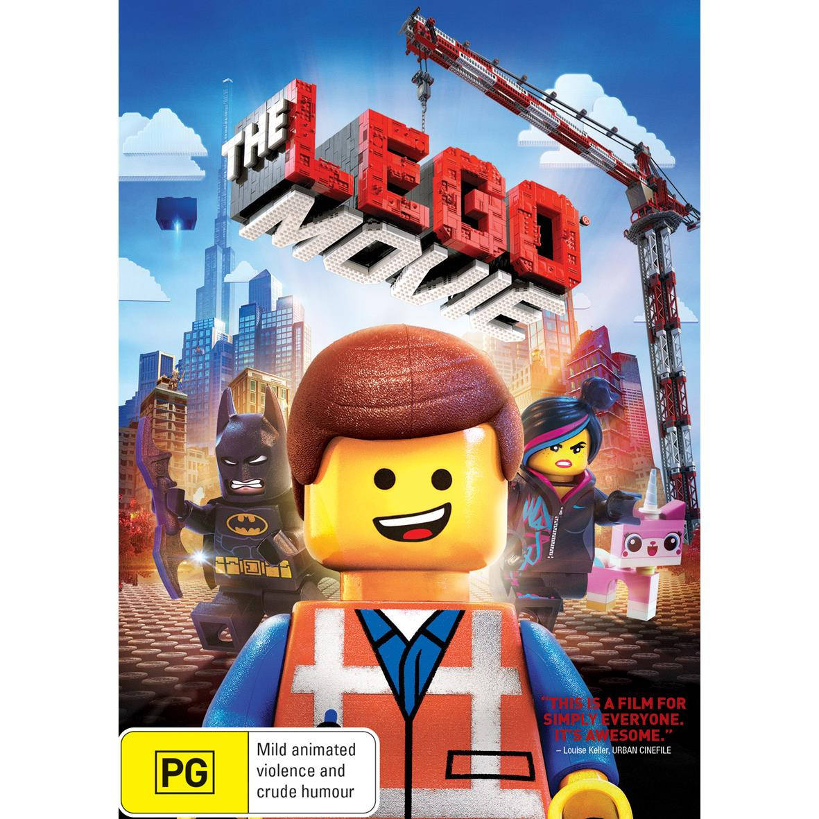 樂高 桌布 壁紙 — 一張充滿活力的LEGO電影海報，描繪Emmet、Batman和Wyldstyle在繁忙的磚塊城市中，背景是明亮的藍天。