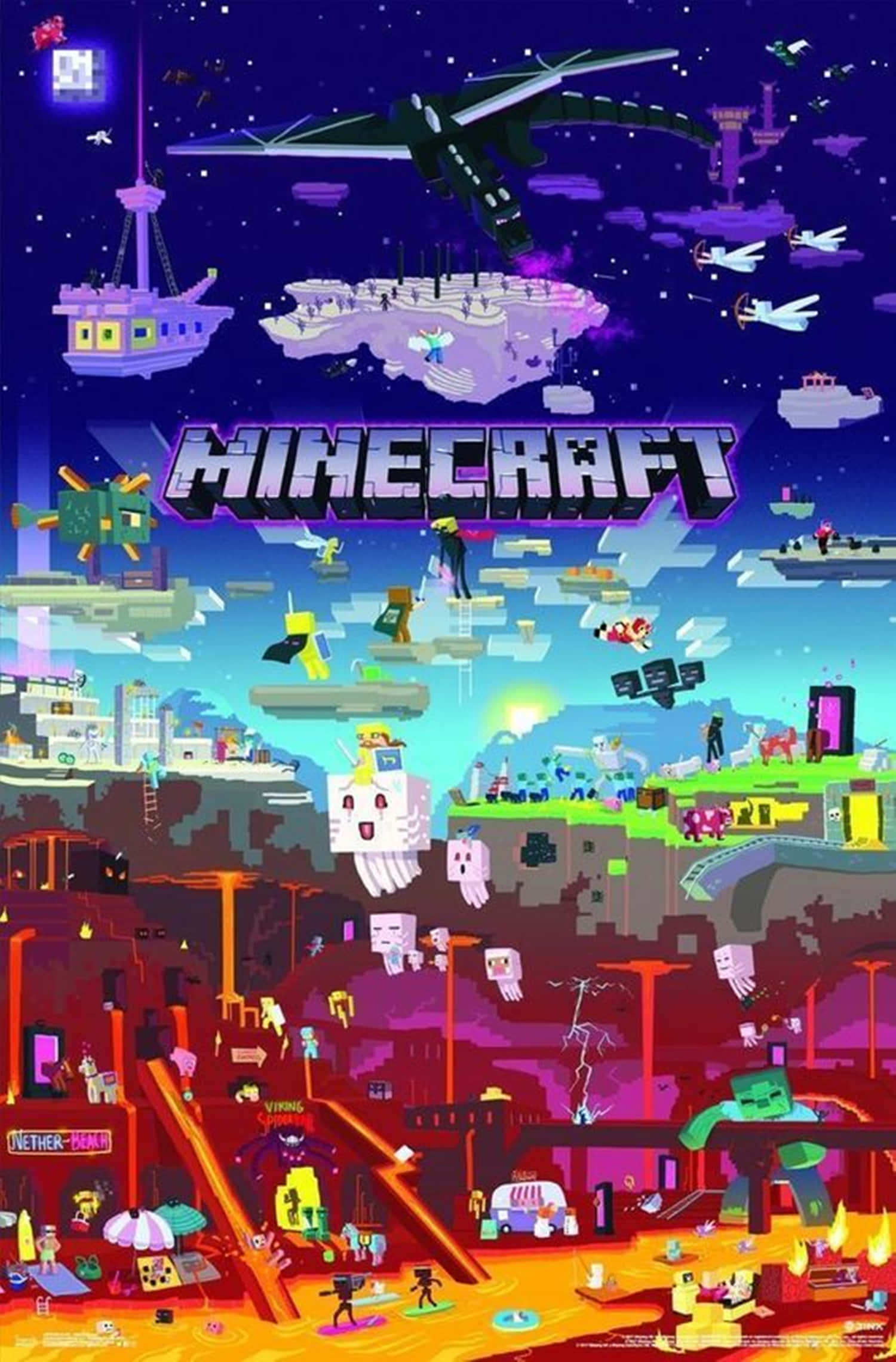 桌布 壁紙 — 一張充滿活力的Minecraft海報，展示浮空島嶼、像素化角色，以及一條在色彩繽紛的方塊世界上翱翔的龍。