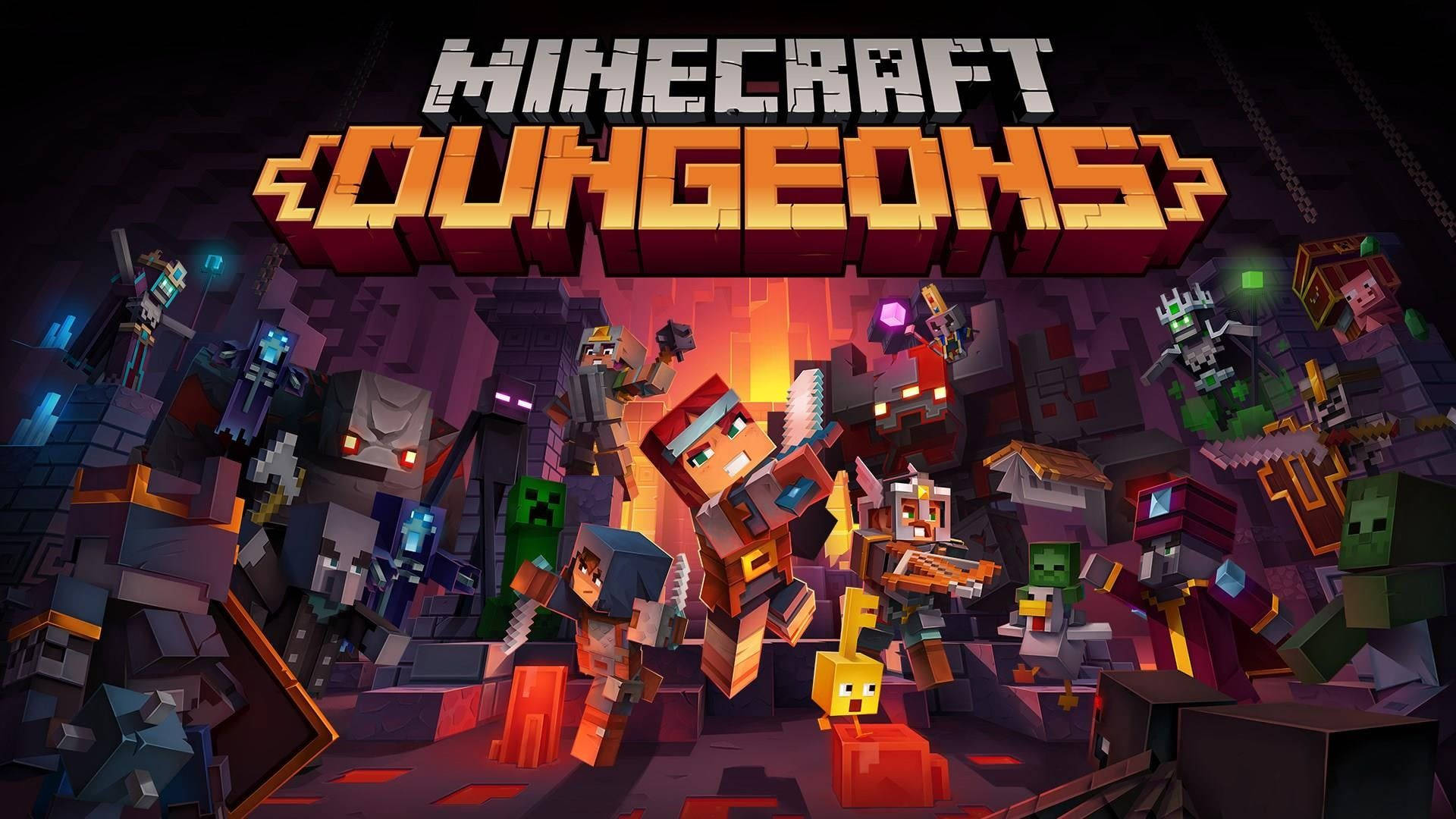  壁紙 — 一張充滿活力的Minecraft Dungeons宣傳圖片，展示方塊狀像素化角色在洞穴場景中帶有發光效果。
