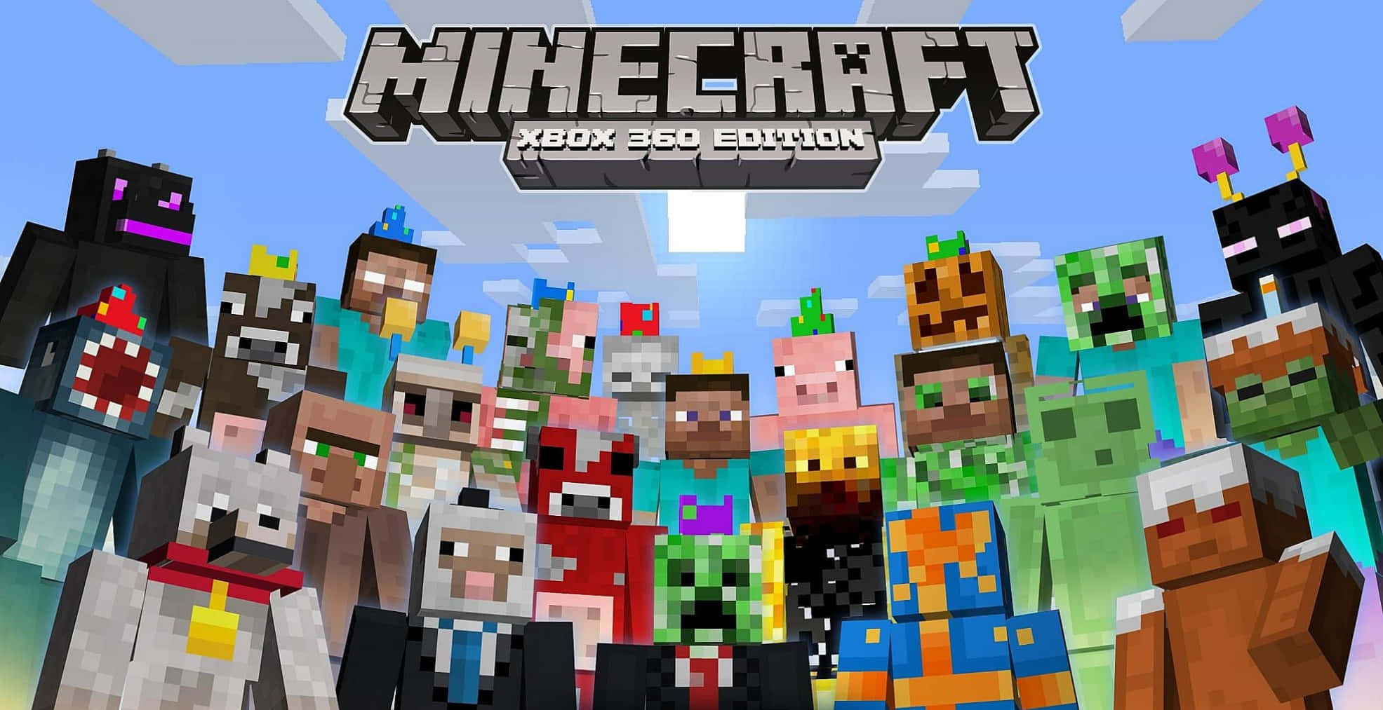 可愛 Minecraft 桌布 壁紙 — 一張充滿活力的Minecraft Xbox 360 Edition宣傳圖片，在明亮的藍天下展示了一組多樣化的像素方塊角色。