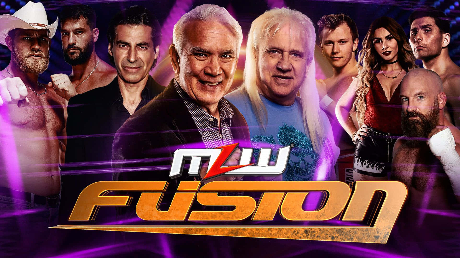 Entertainment 桌布 壁紙 — 一張充滿活力的MLW Fusion宣傳海報，展示多位摔角手，背景為發光的紫色，並帶有動態燈光效果。